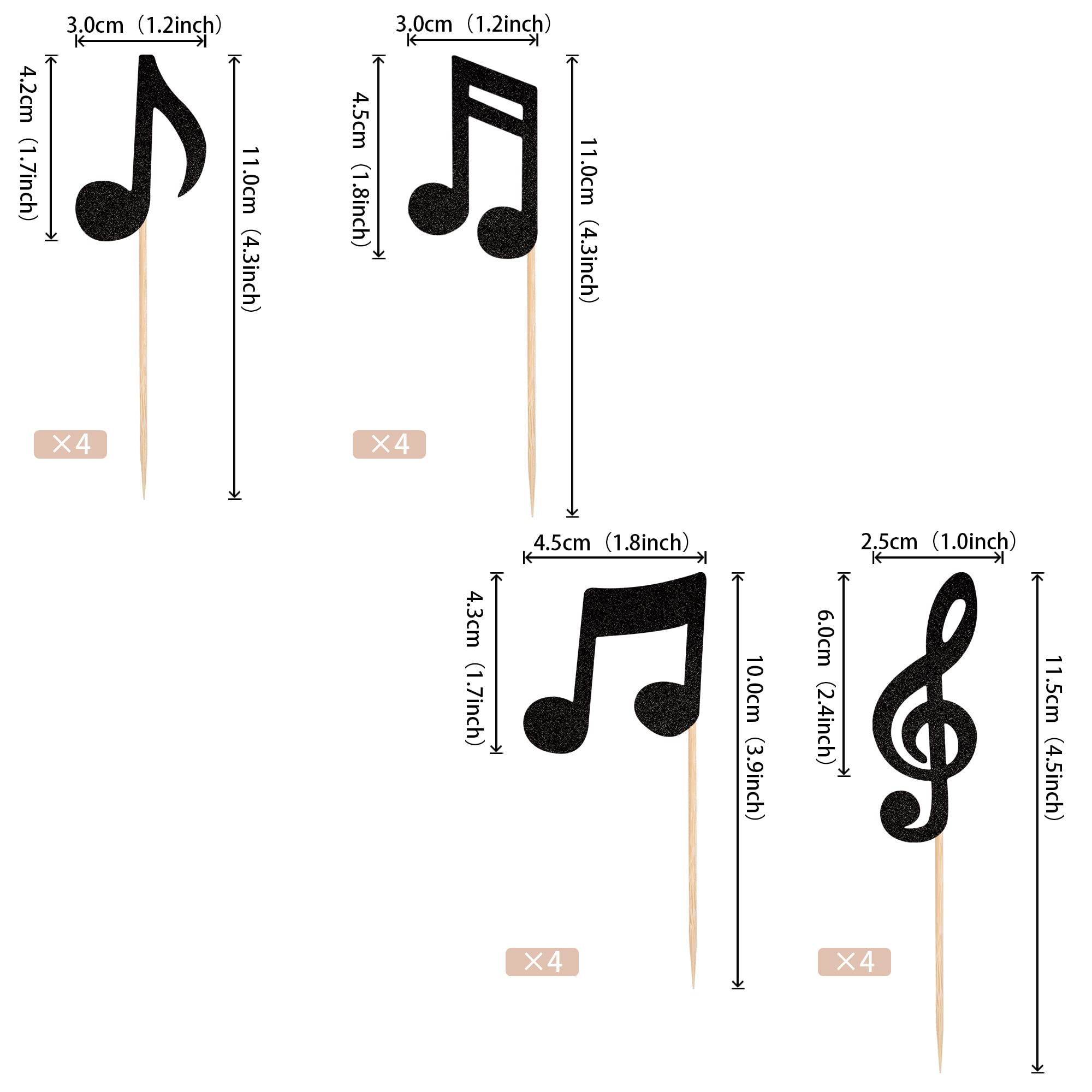 ZHUOWEISM 24-Pack Music Notes Cupcake Toppers – Black Glitter Party Picks