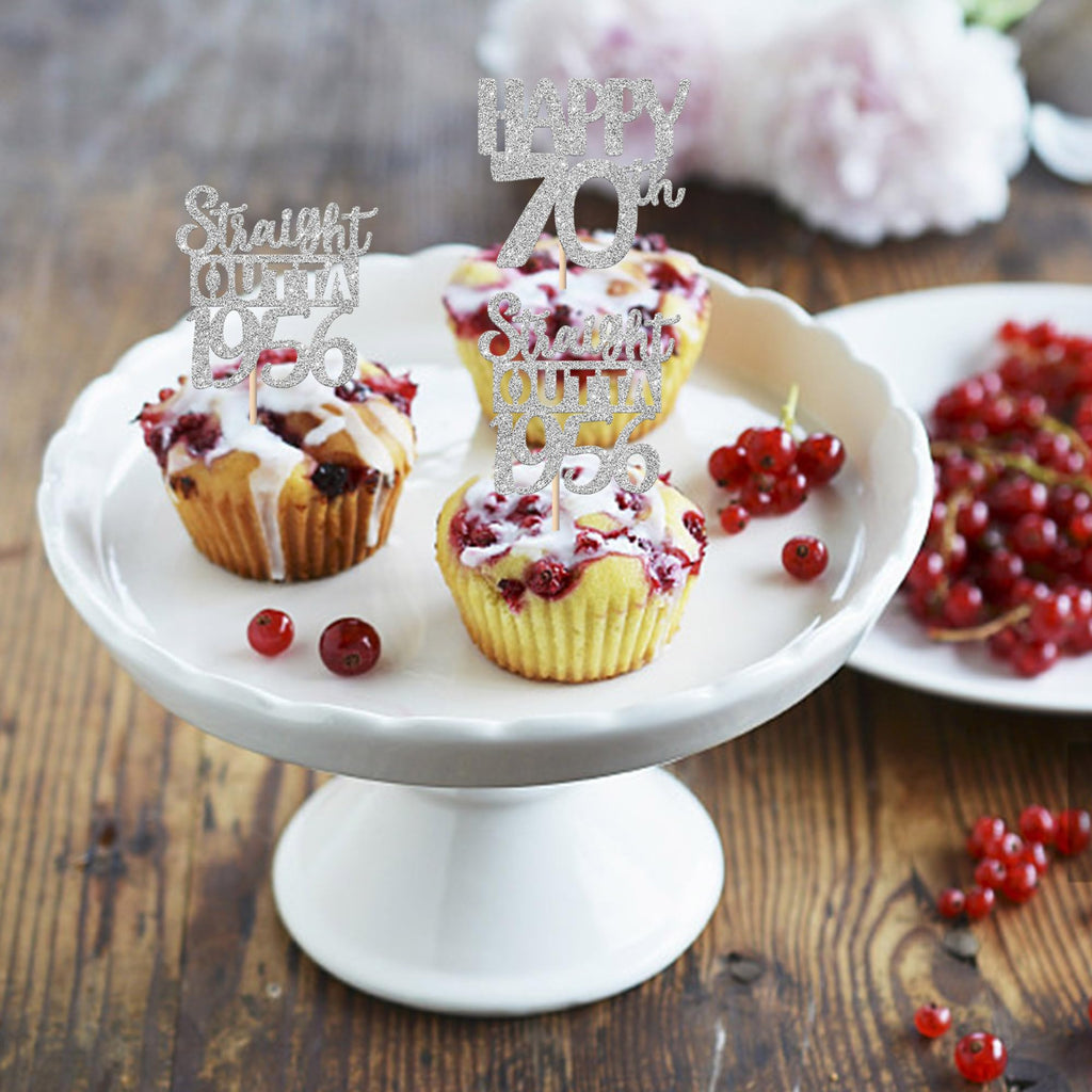 ZHUOWEISM 30 Pcs 70th Birthday Cupcake Toppers – Glitter Seventy Straight Outta 1956 Party Picks