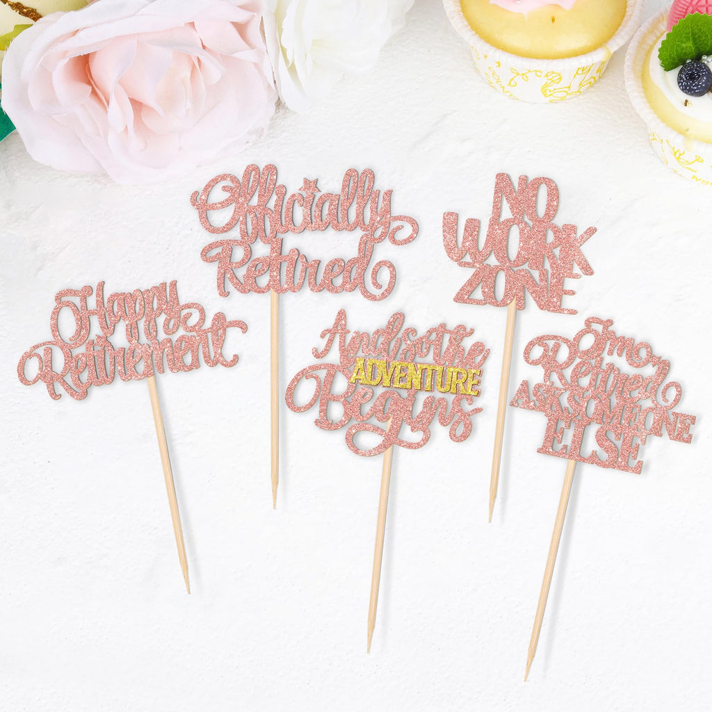 ZHUOWEISM 30 Pcs Happy Retirement Cupcake Toppers – Rose Gold & No Work Zone Adventure Begins