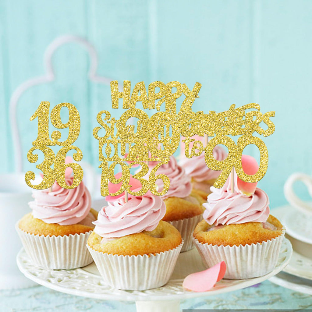 ZHUOWEISM 30Pcs Happy 90th Birthday Cupcake Toppers | Gold Glitter | Straight Outta 1936 - 90 Fabulous Cake Decorations