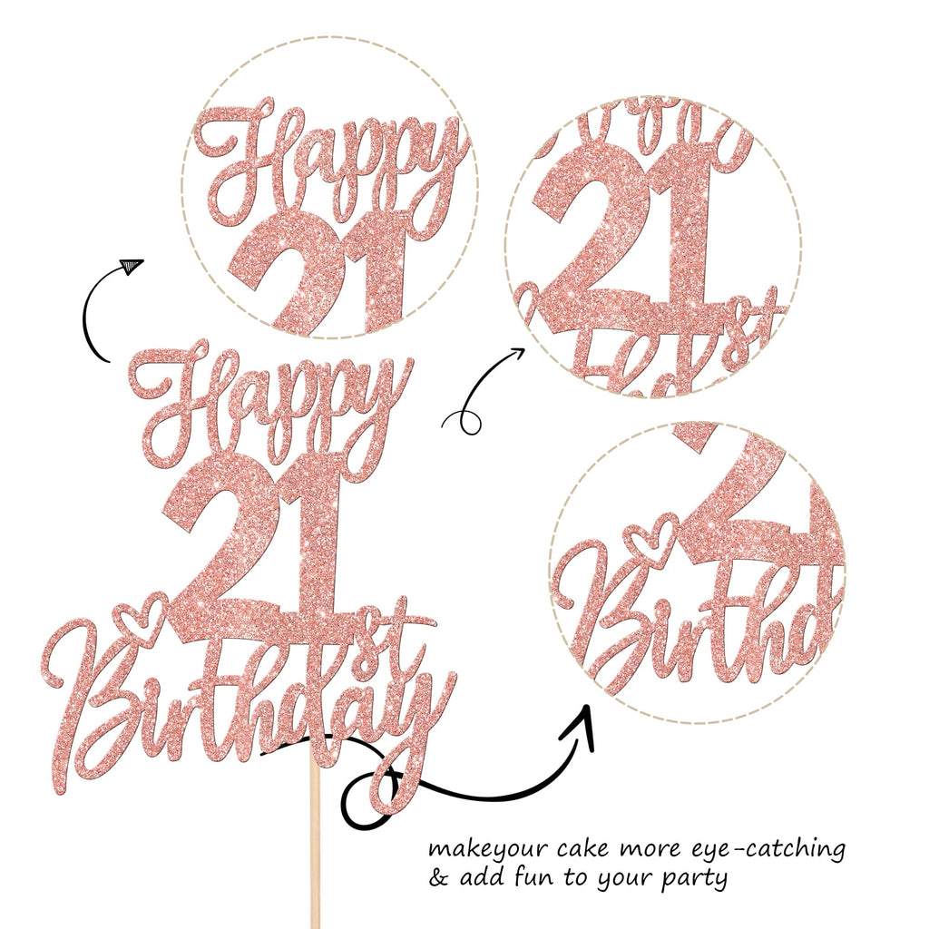 ZHUOWEISM 1pc Happy 21st Birthday Cake Topper - Rose Gold Glitter, Ready-to-Use