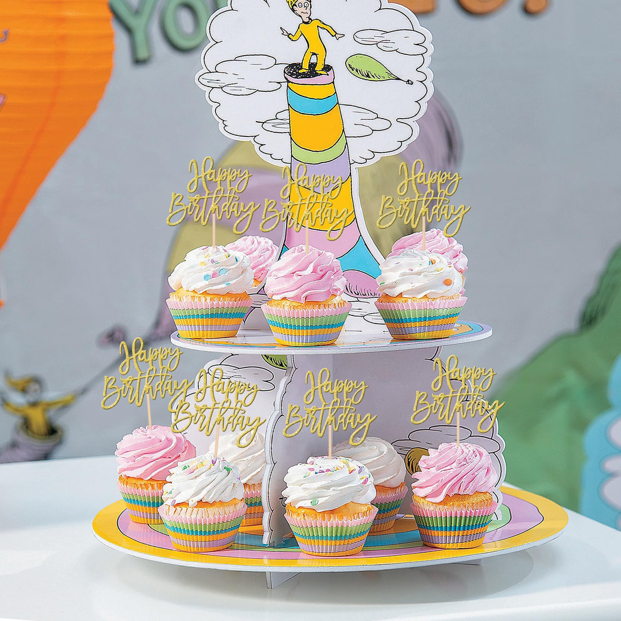 ZHUOWEISM 24 Pcs Happy Birthday Cupcake Toppers Glitter Picks, Gold — Anniversary & Party Cake Decorations