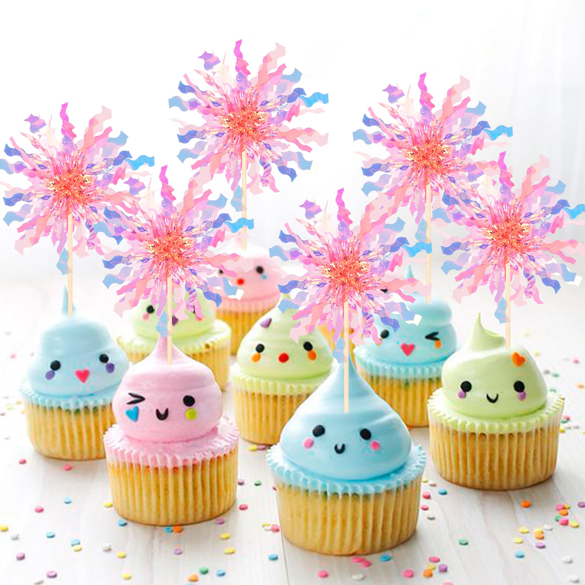 ZHUOWEISM 30 PCS Foil Firework Cupcake Toppers – Sparkle Tinsel Picks for Birthday Parties, Baby Showers, Weddings – Orange