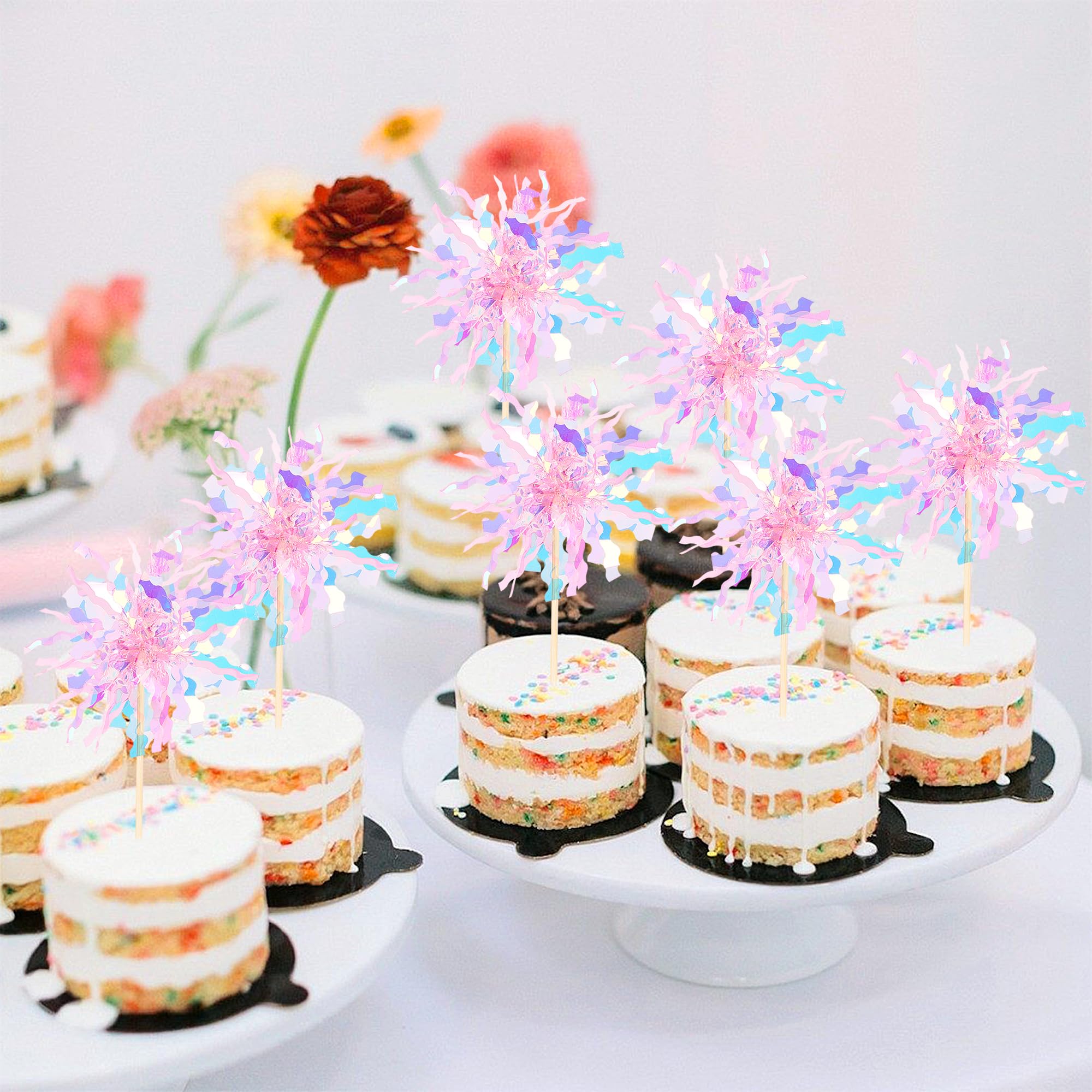 ZHUOWEISM 30 Pcs Foil Firework Cupcake Toppers - Pink Sparkle Tinsel Picks for Birthday, Baby Shower, Wedding