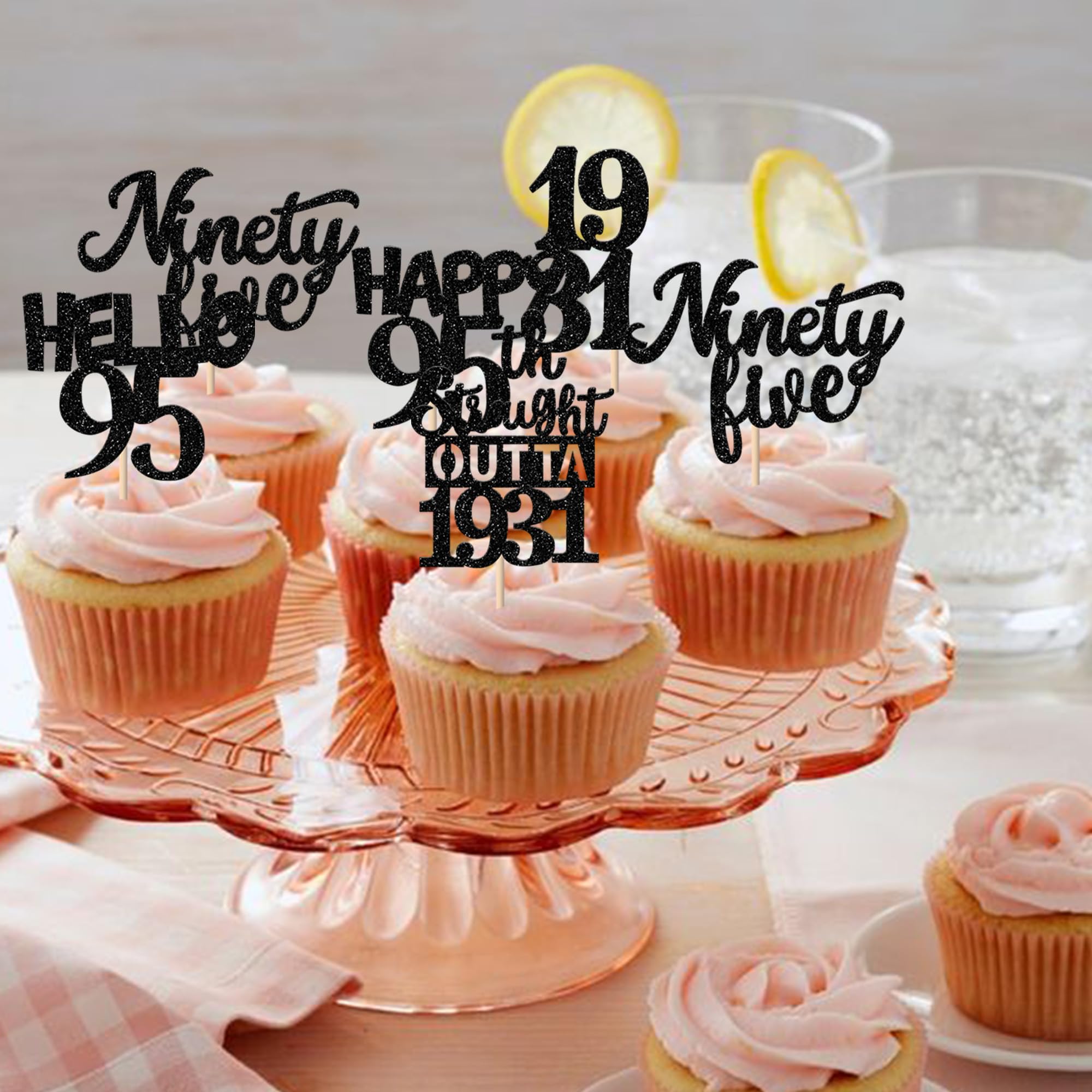 ZHUOWEISM 30-Pack Black 95th Birthday Cupcake Toppers – Glitter Nighty Five, Straight Outta 1931 Party Picks