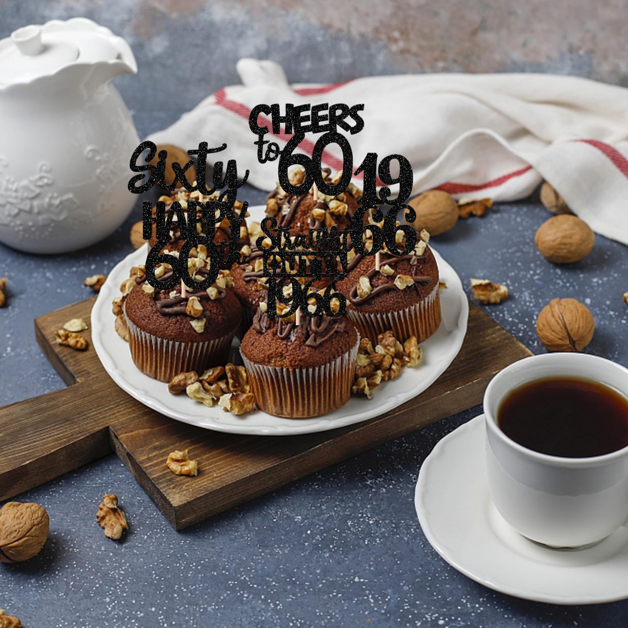 ZHUOWEISM 30Pcs Black Glitter Cupcake Toppers — Straight Outta 1966, 60th Birthday & Anniversary