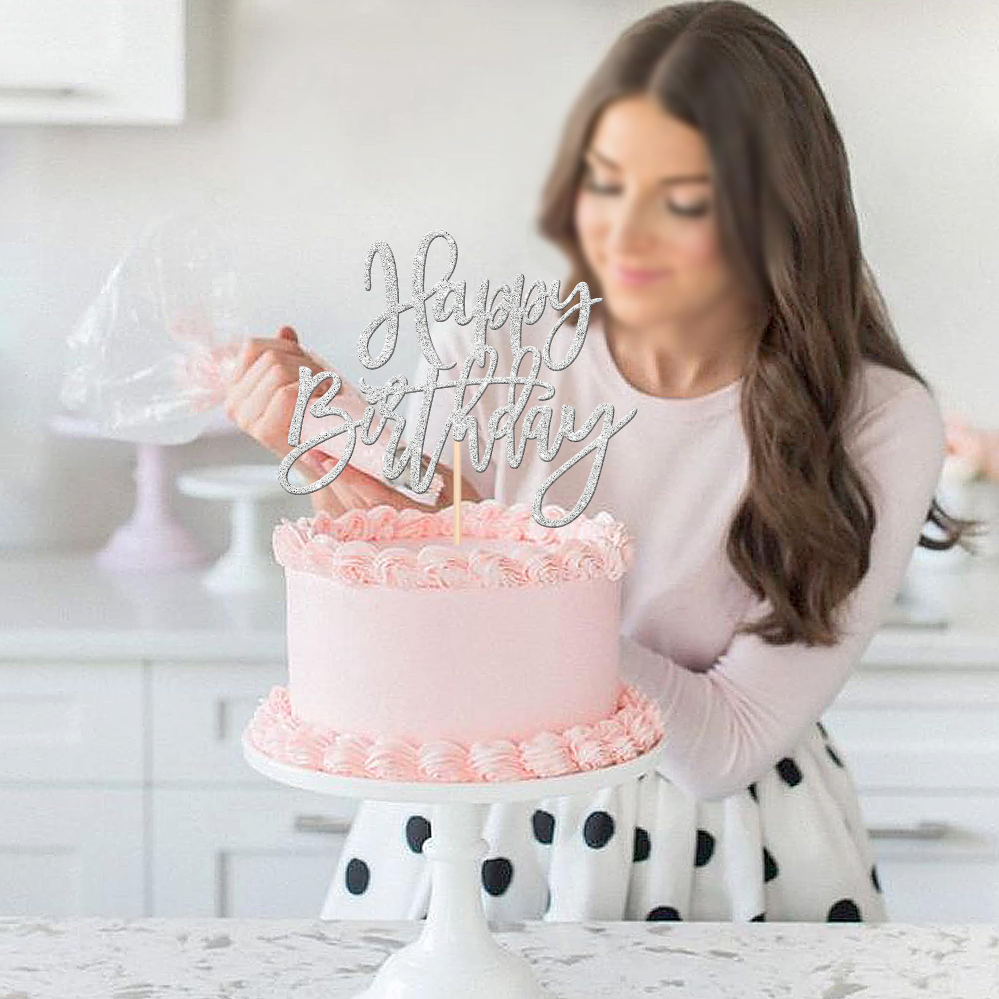 ZHUOWEISM 1pc Happy Birthday Glitter Cake Topper – Silver, Pre-assembled Cake Pick