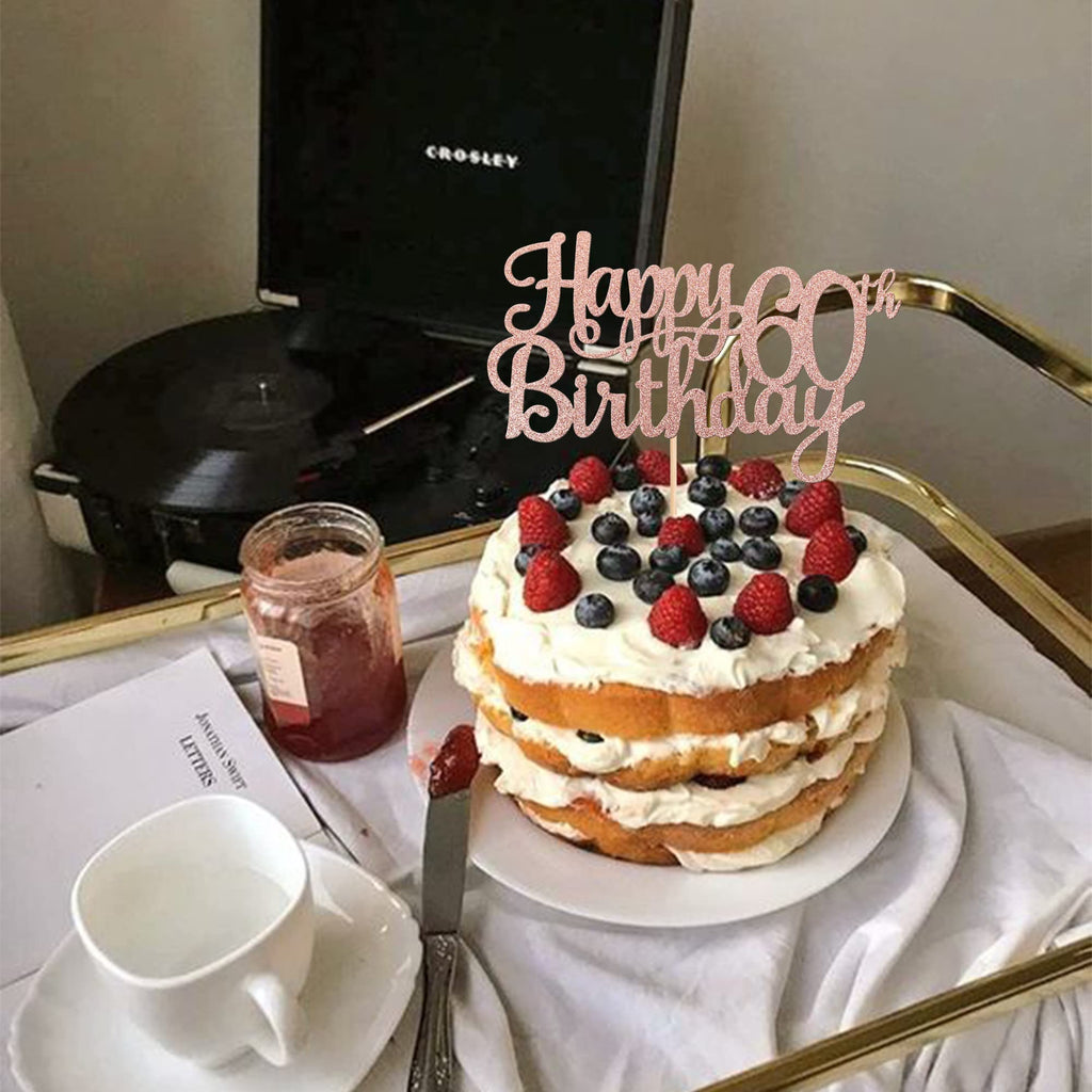 ZHUOWEISM 1 PC Happy 60th Birthday Cake Topper - Glitter Rose Gold
