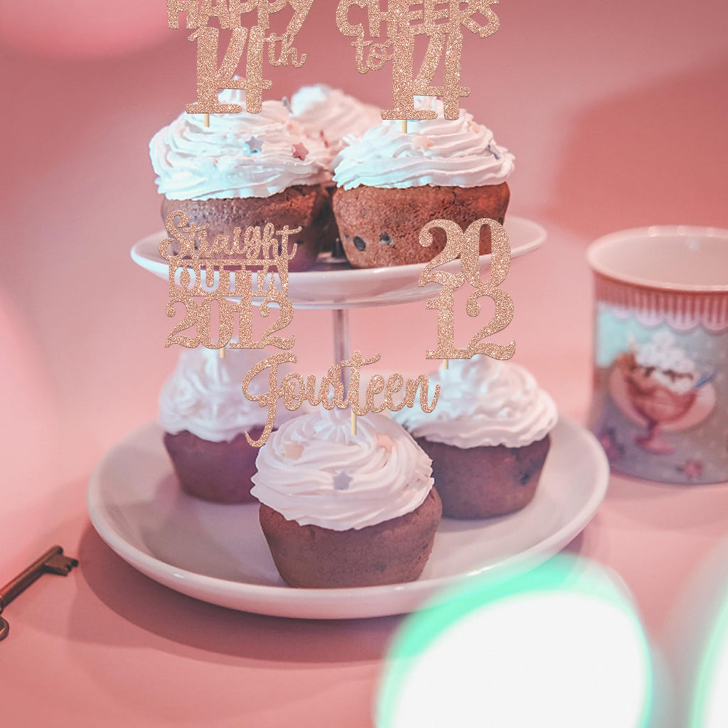 ZHUOWEISM 30Pcs Glitter 14th Birthday Cupcake Toppers - Rose Gold, Straight Outta 2012 Party Picks