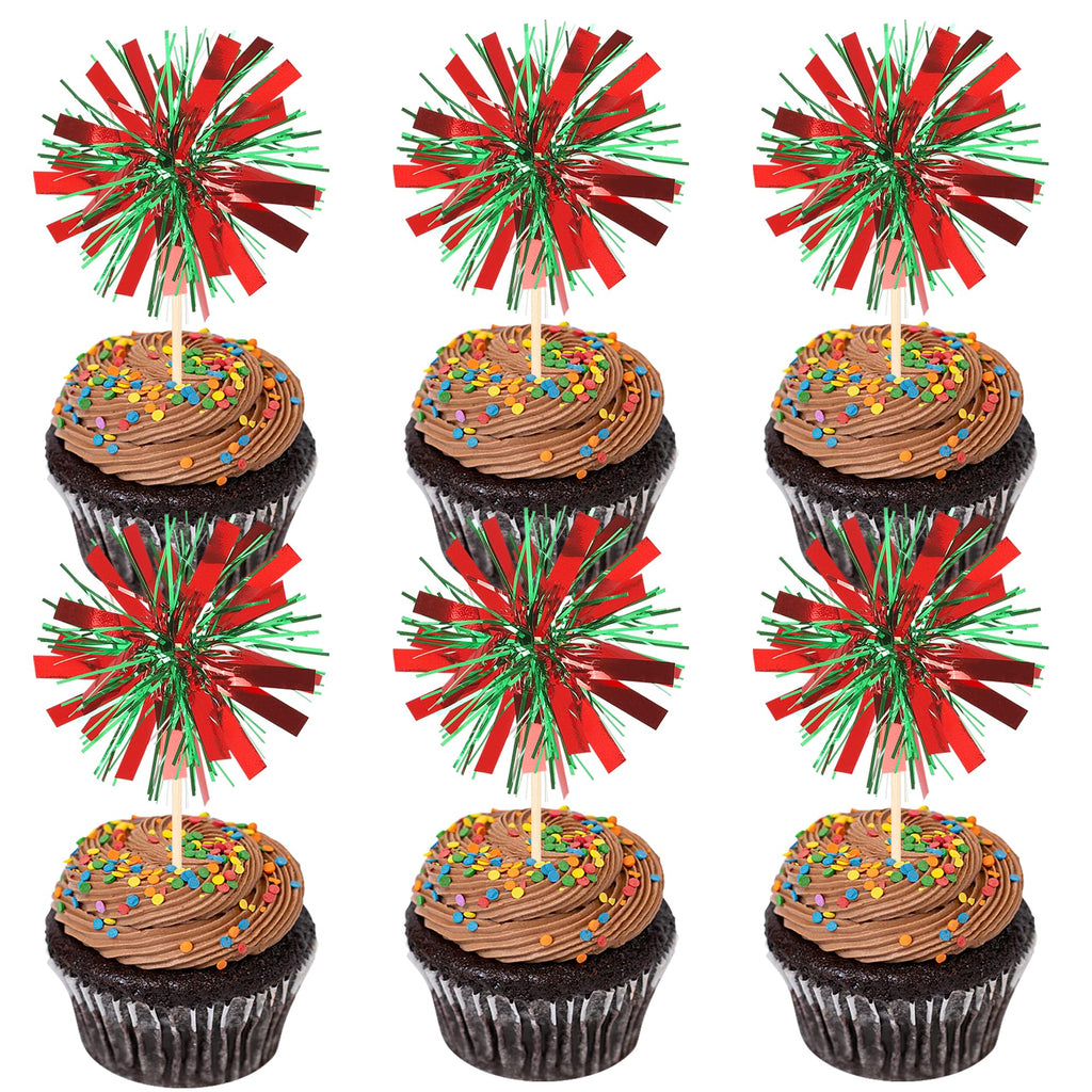 ZHUOWEISM 30 Pcs Foil Firework Cupcake Toppers – Red & Green Sparkle Party Picks, Preassembled Cake Decorations