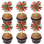ZHUOWEISM 30 Pcs Foil Firework Cupcake Toppers – Red & Green Sparkle Party Picks, Preassembled Cake Decorations