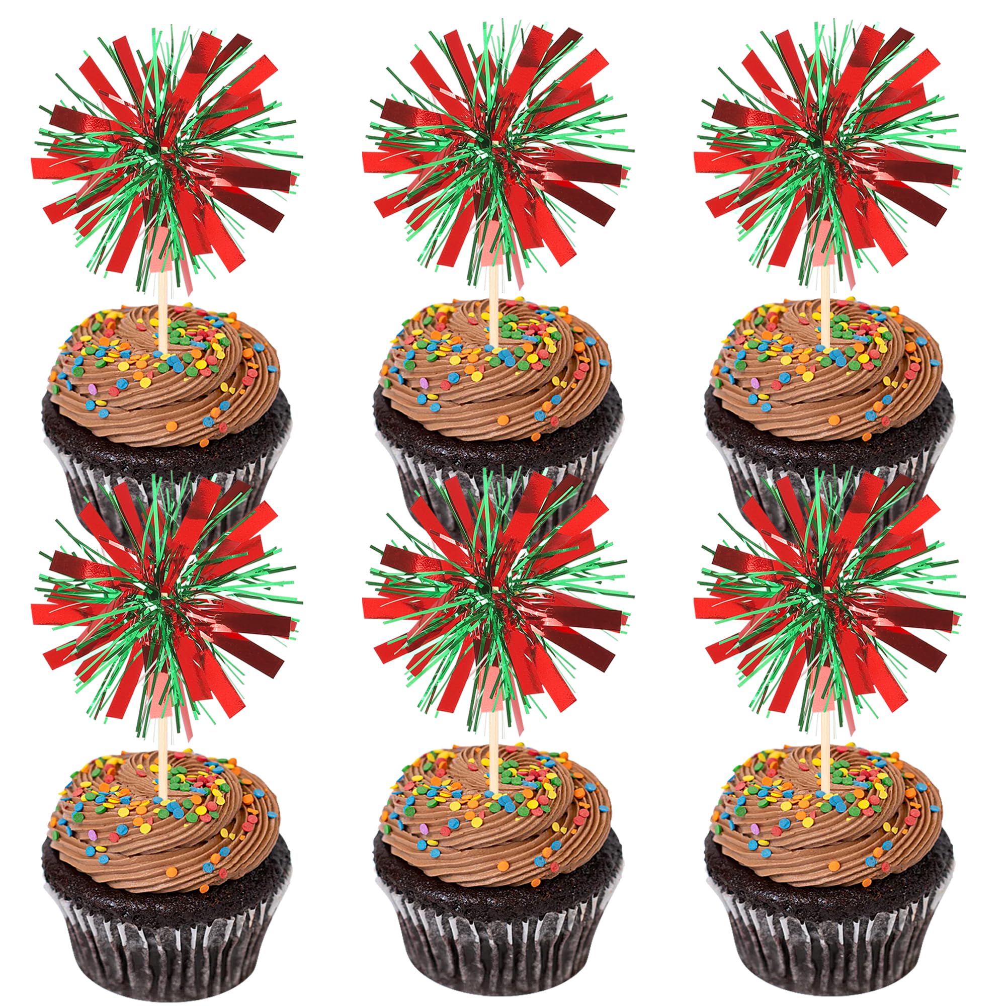 ZHUOWEISM 30 Pcs Foil Firework Cupcake Toppers – Red & Green Sparkle Party Picks, Preassembled Cake Decorations