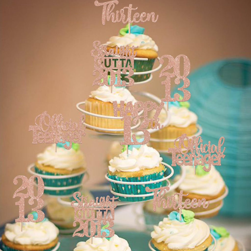 ZHUOWEISM 30Pcs 13th Birthday Cupcake Toppers – Glitter Rose Gold, Straight Outta 2013