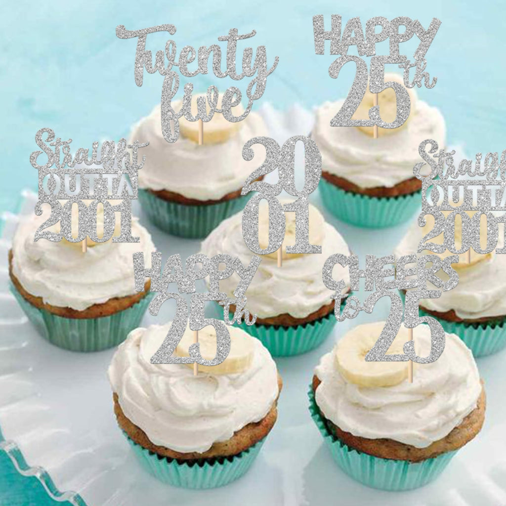 ZHUOWEISM 30Pcs Straight Outta 2001 Cupcake Toppers – Glitter 25th Birthday Picks, Silver