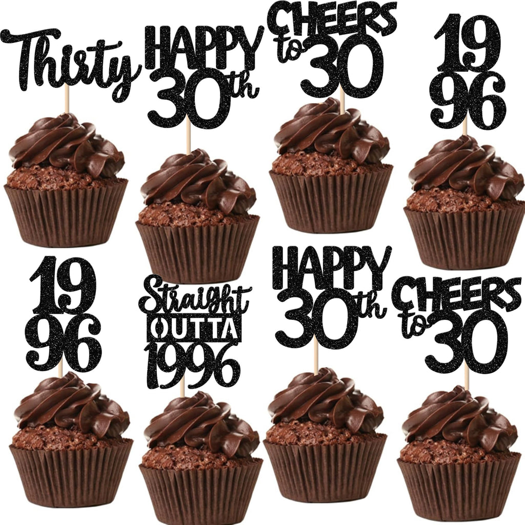 ZHUOWEISM 30Pcs Black Glitter Cupcake Toppers – Straight Outta 1996, 30th Birthday & Anniversary Decor