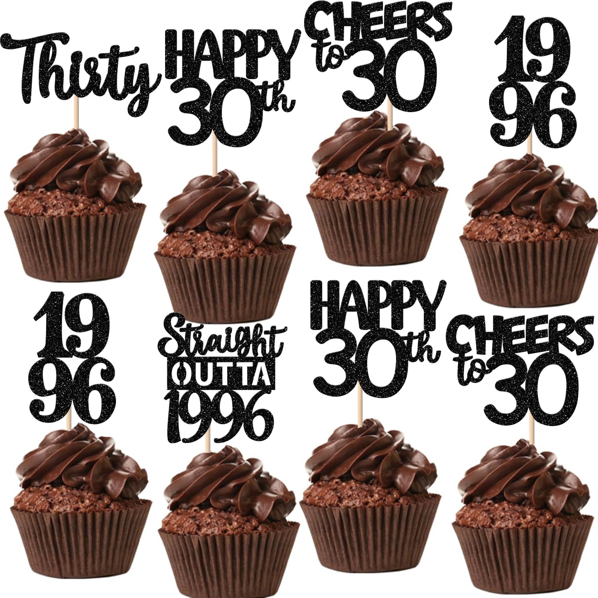 ZHUOWEISM 30Pcs Black Glitter Cupcake Toppers – Straight Outta 1996, 30th Birthday & Anniversary Decor