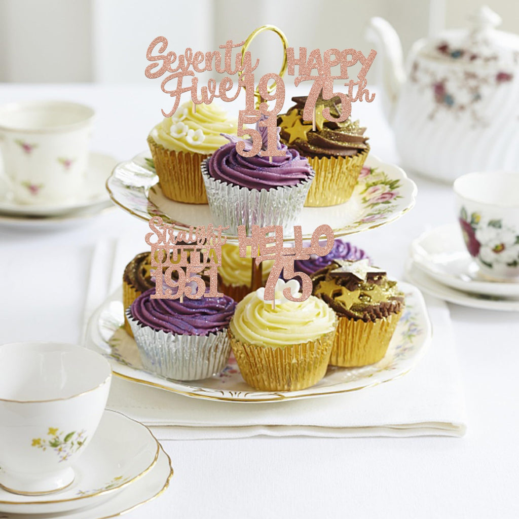 ZHUOWEISM 30Pcs 75th Birthday Cupcake Toppers Glitter Seventy Five - Straight Outta 1951 Rose Gold