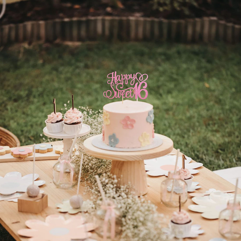 ZHUOWEISM Happy Sweet 16 Cake Topper - Glitter Hello 16 Pink - Pre-Assembled Birthday Party Decoration