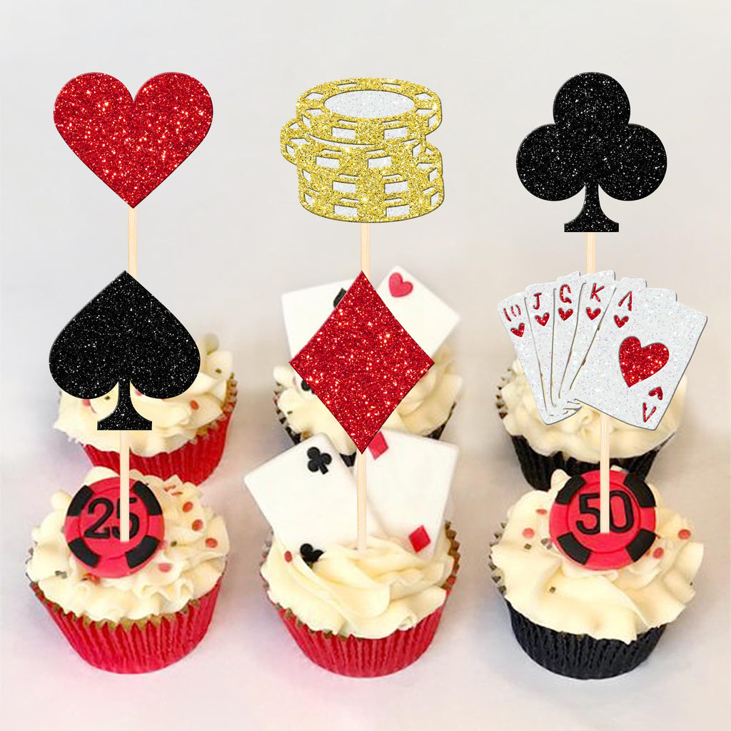 ZHUOWEISM 24 Pcs Casino Poker Theme Cupcake Toppers Glitter Chips – Las Vegas Party Decorations