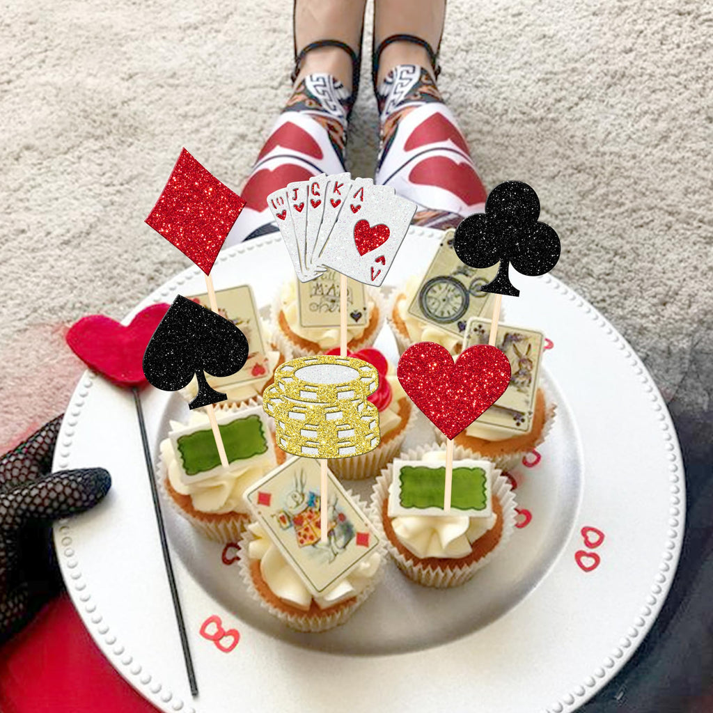 ZHUOWEISM 24 Pcs Casino Poker Theme Cupcake Toppers Glitter Chips – Las Vegas Party Decorations