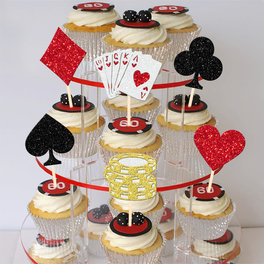 ZHUOWEISM 24 Pcs Casino Poker Theme Cupcake Toppers Glitter Chips – Las Vegas Party Decorations