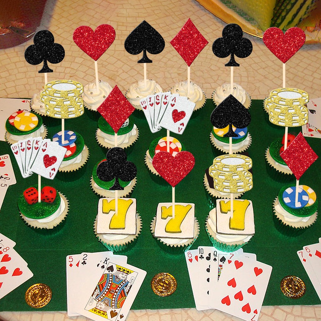 ZHUOWEISM 24 Pcs Casino Poker Theme Cupcake Toppers Glitter Chips – Las Vegas Party Decorations
