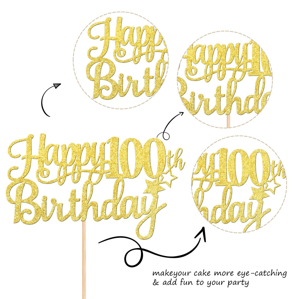 ZHUOWEISM Happy 100th Birthday Cake Topper - Gold Glitter