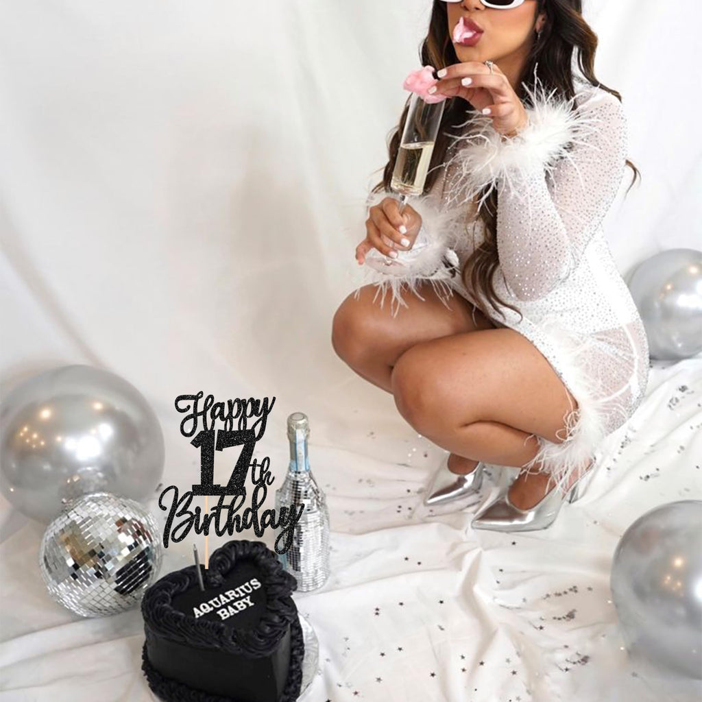 ZHUOWEISM Happy 17th Birthday Cake Topper – Glitter Cheers to 17 Years, Pre-assembled Decoration