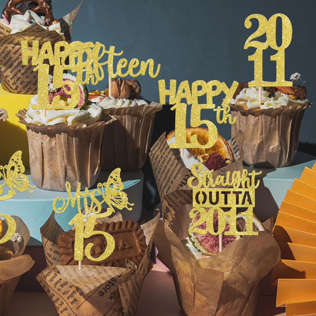 ZHUOWEISM 30Pcs Straight Outta 2011 Cupcake Toppers – Gold Glitter for 15th Birthday