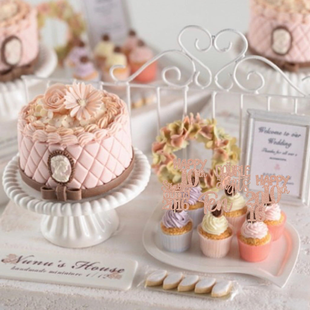 ZHUOWEISM 30Pcs Glitter Ten Happy 10th Birthday Cupcake Toppers, Straight Outta 2016, Rose Gold