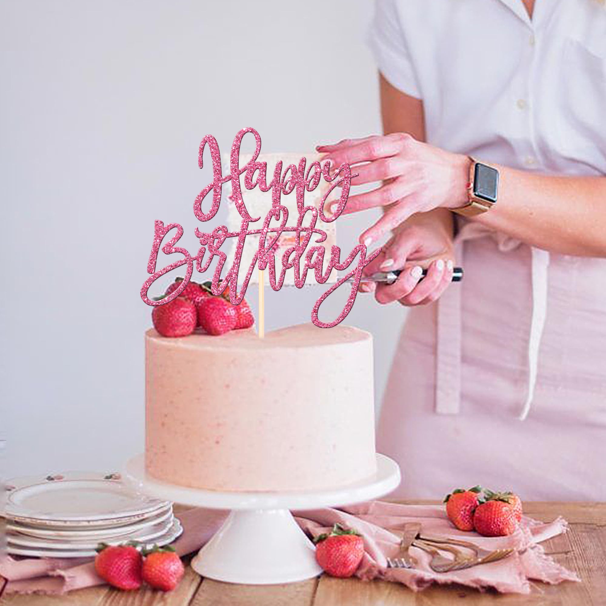 ZHUOWEISM 1-Piece Glitter Happy Birthday Cake Topper | Pink Cake Pick for Celebrations