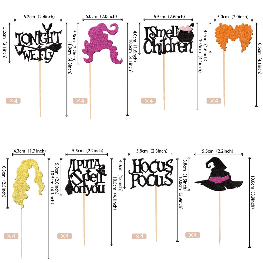 ZHUOWEISM 32 Pcs Hocus Pocus Cupcake Toppers – Glitter Witch Hat Picks for Halloween Party