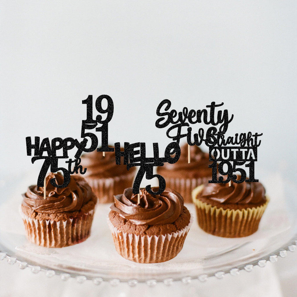 ZHUOWEISM 30Pcs Black Glitter 75th Birthday Cupcake Toppers – Straight Outta 1951 Party Picks