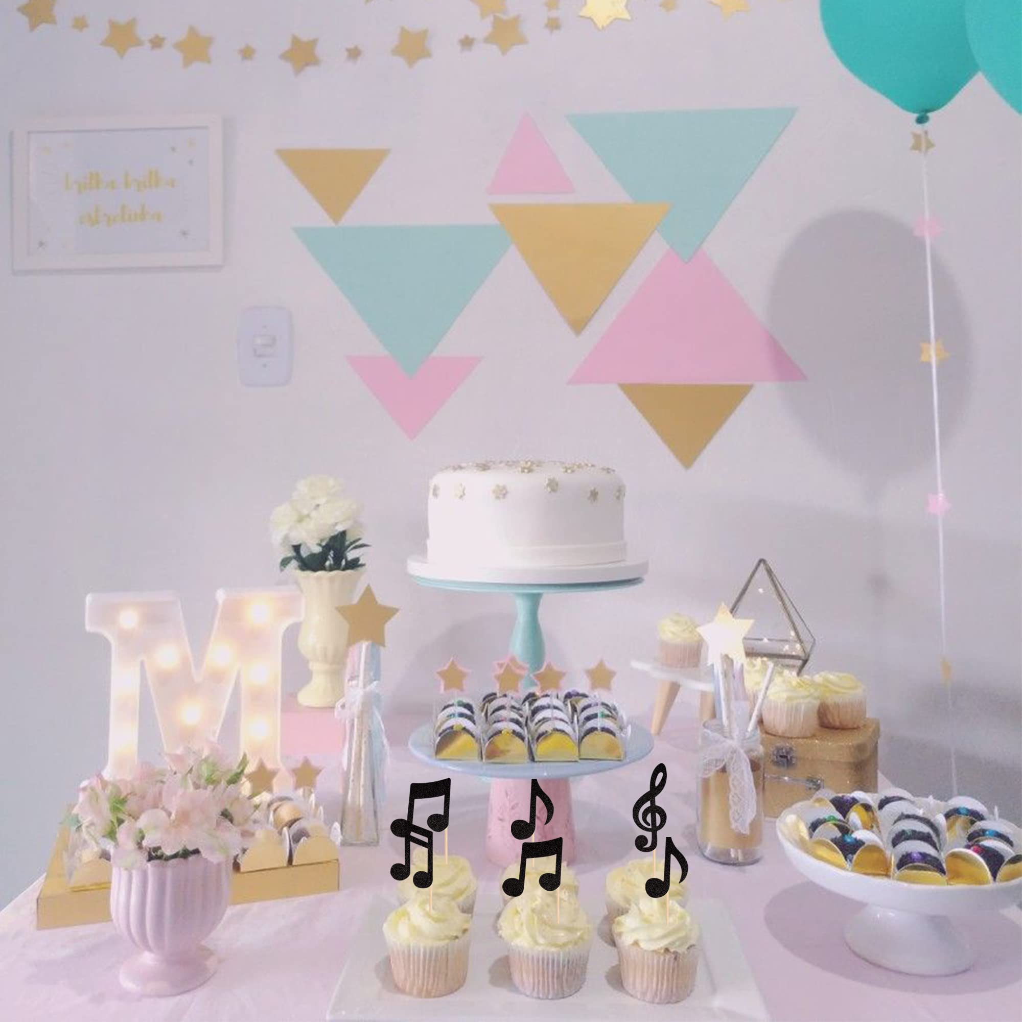 ZHUOWEISM 24-Pack Music Notes Cupcake Toppers – Black Glitter Party Picks