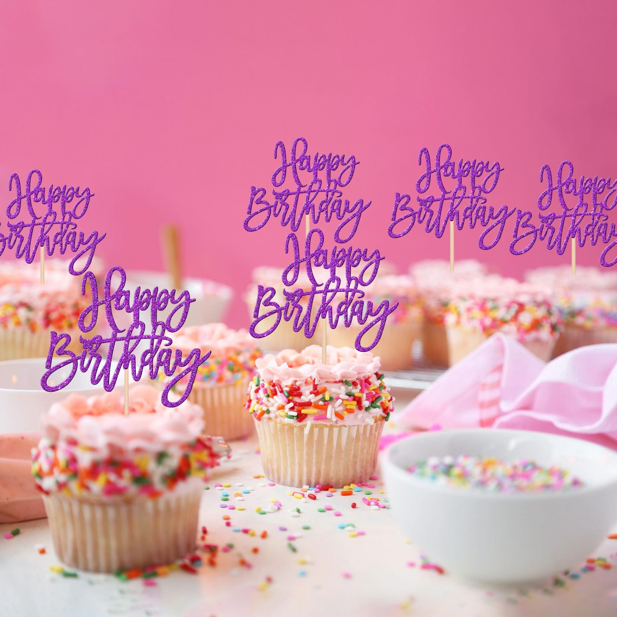 ZHUOWEISM 24 PCS Glitter Happy Birthday Cupcake Toppers – Purple Party Picks