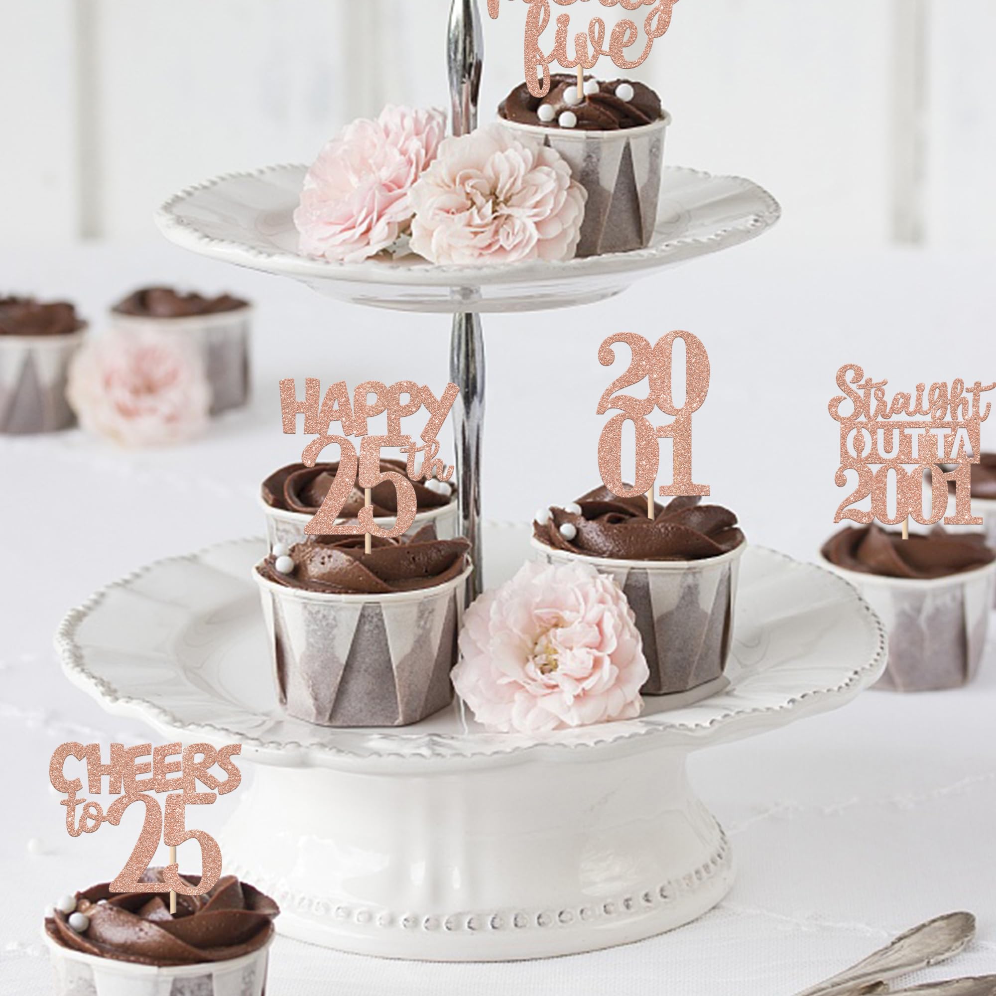ZHUOWEISM 30Pcs Rose Gold 25th Birthday Cupcake Toppers Glitter – Straight Outta 2001