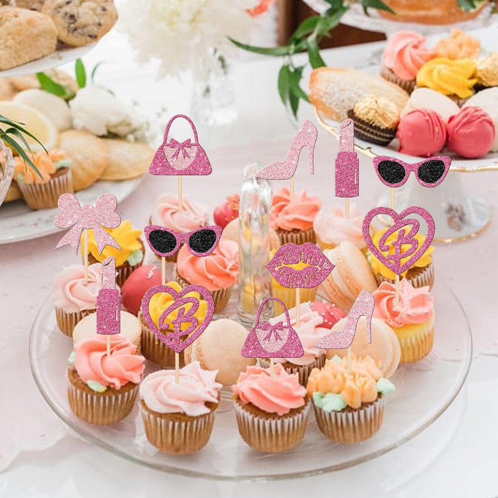 ZHUOWEISM 24 Princess Cupcake Toppers – Glitter Pink Party Picks