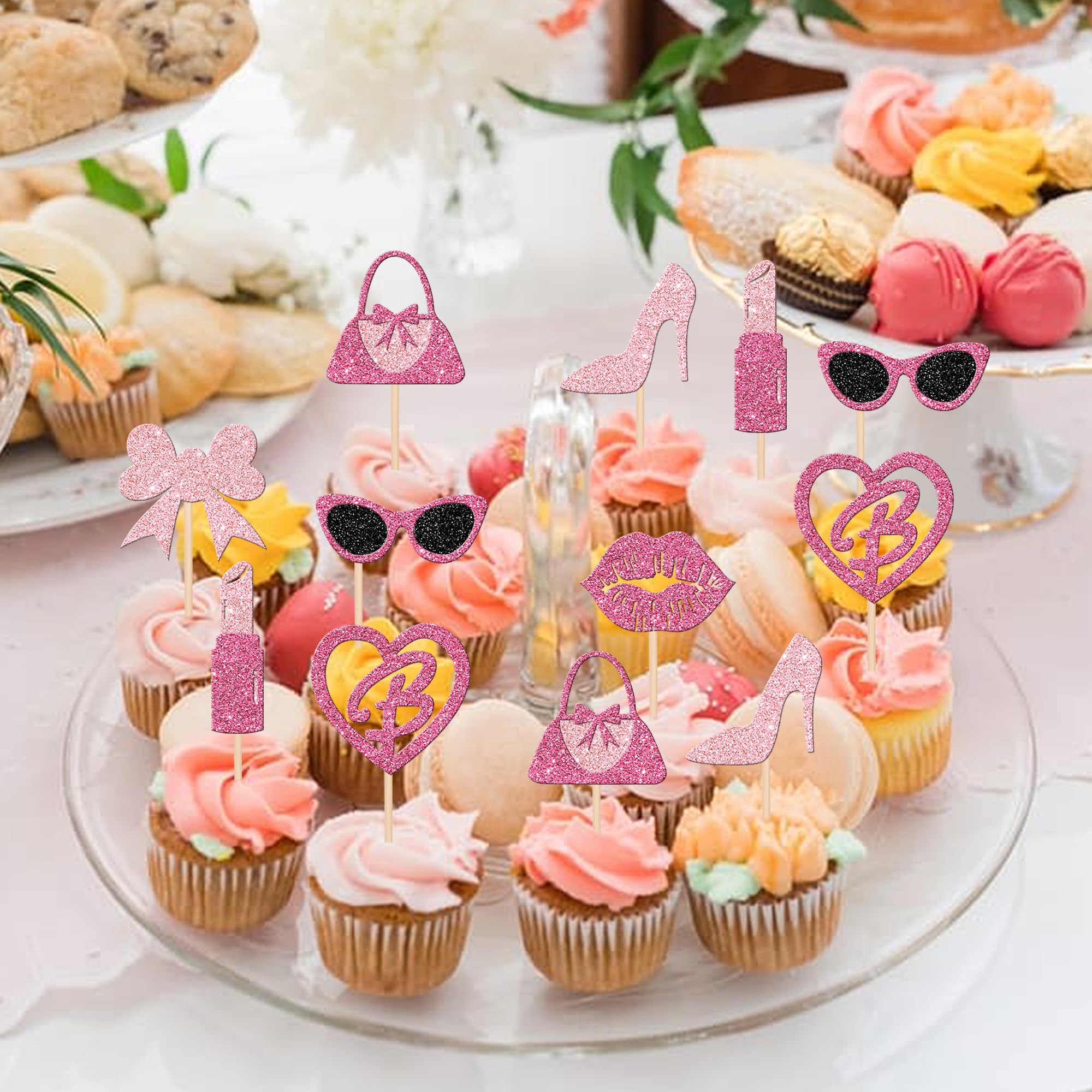 ZHUOWEISM 24 Princess Cupcake Toppers – Glitter Pink Party Picks