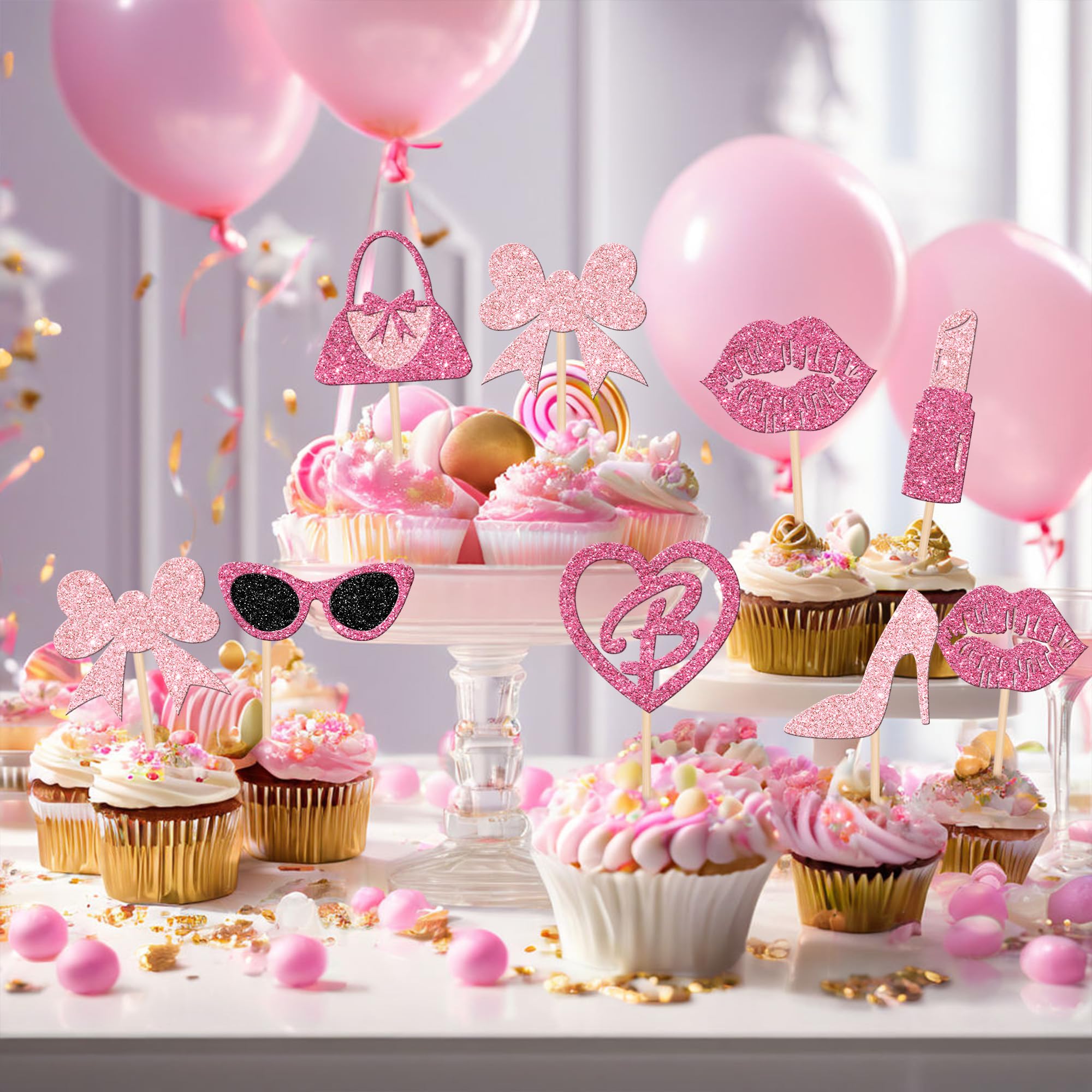 ZHUOWEISM 24 Princess Cupcake Toppers – Glitter Pink Party Picks