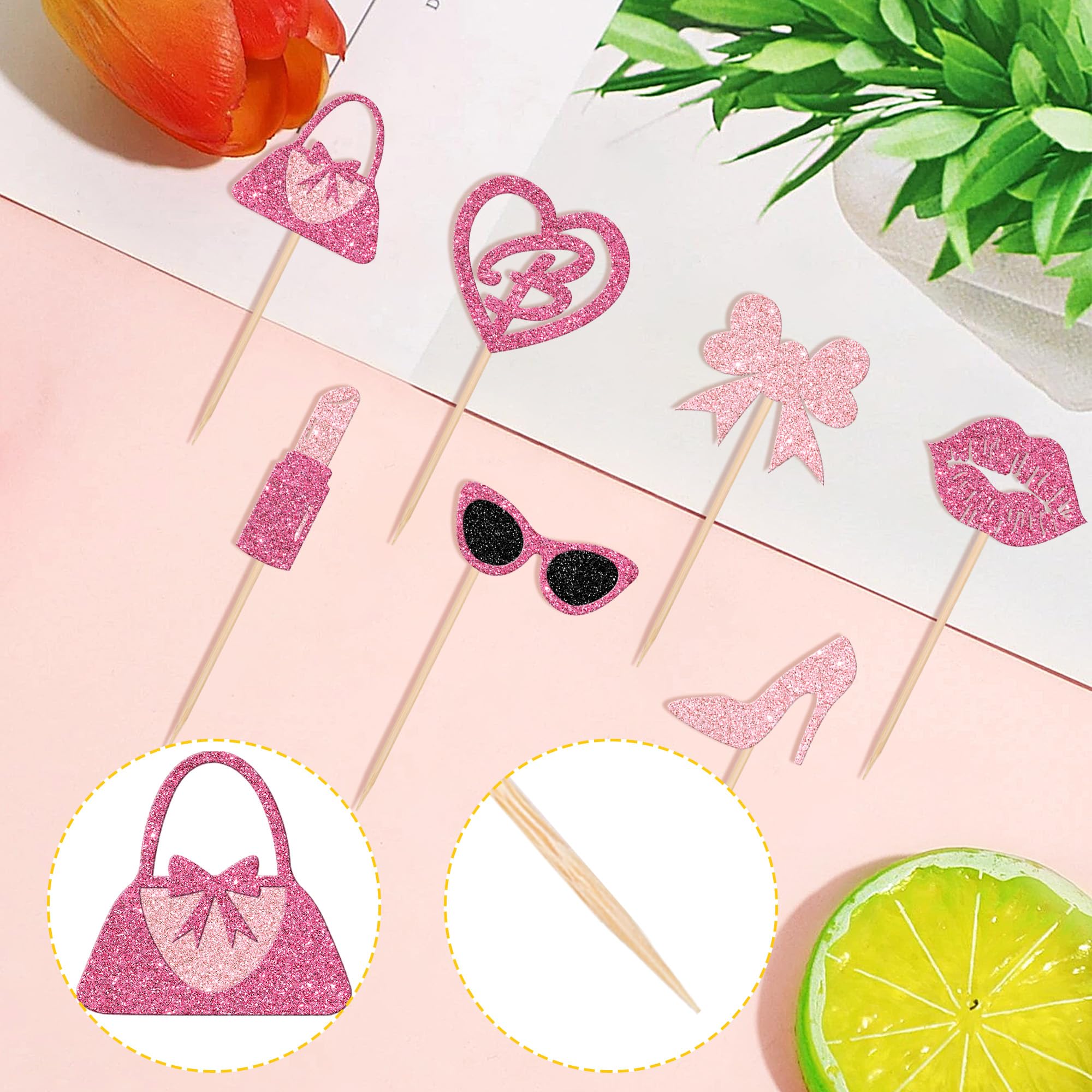 ZHUOWEISM 24 Princess Cupcake Toppers – Glitter Pink Party Picks