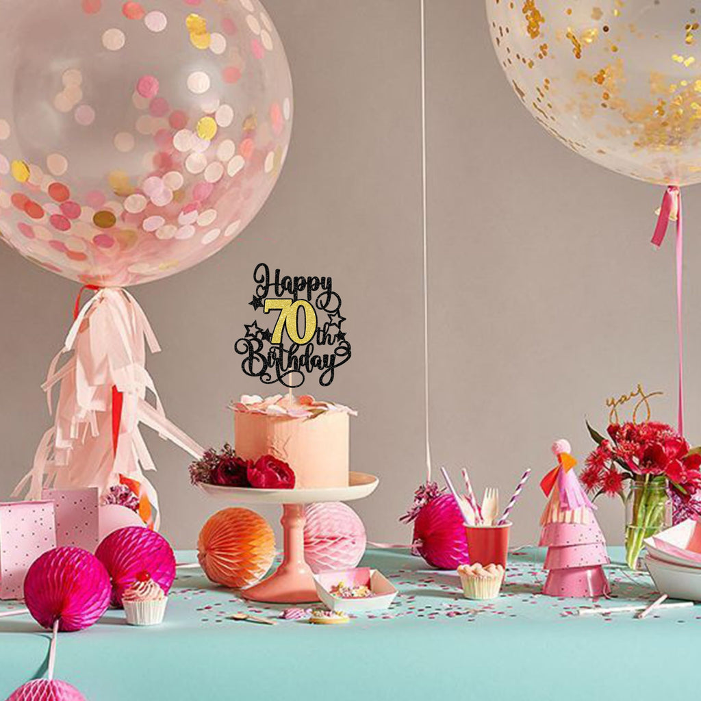 ZHUOWEISM 1-Piece Happy 70th Birthday Cake Topper – Black Gold Glitter, Cheers to 70 Years