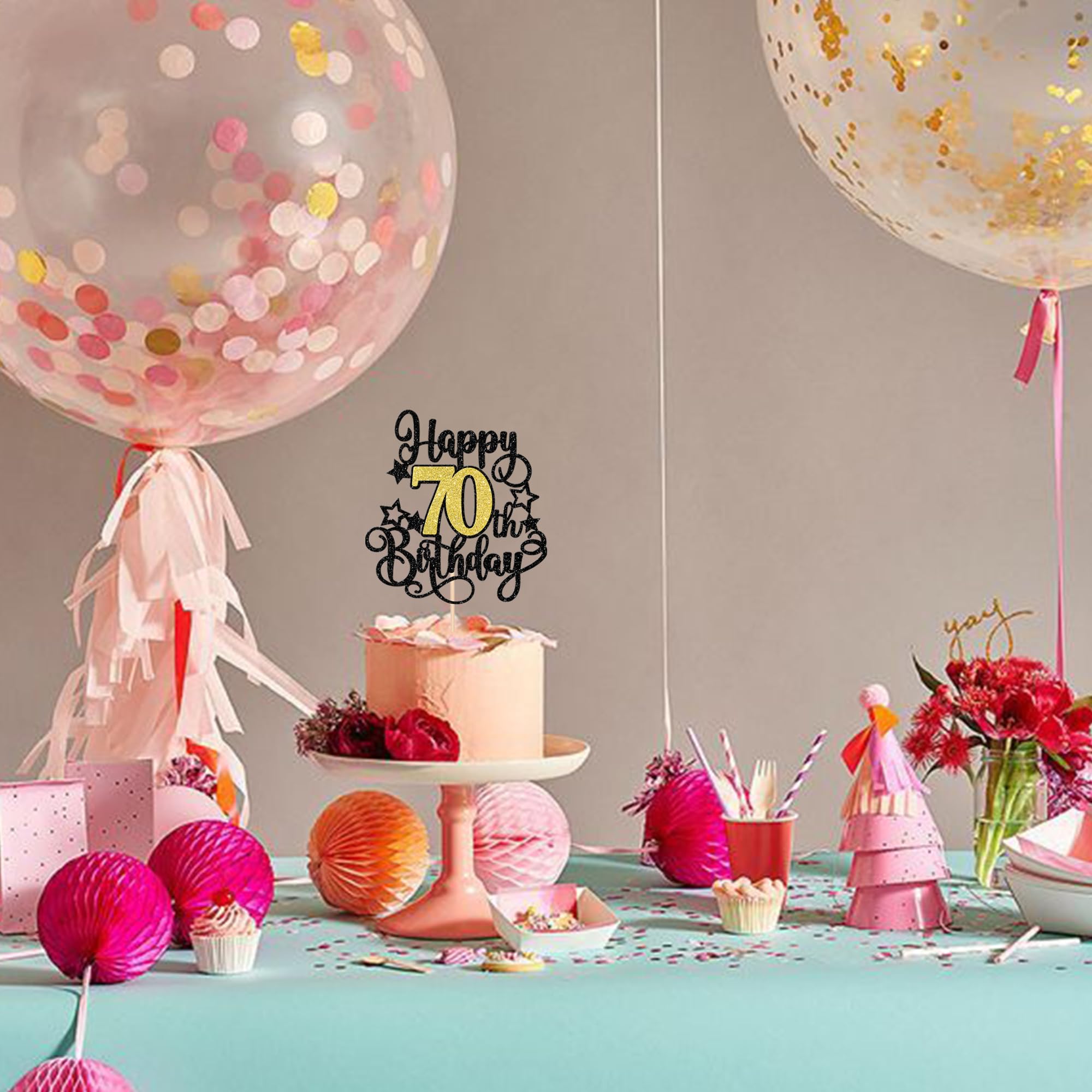 ZHUOWEISM 1-Piece Happy 70th Birthday Cake Topper – Black Gold Glitter, Cheers to 70 Years