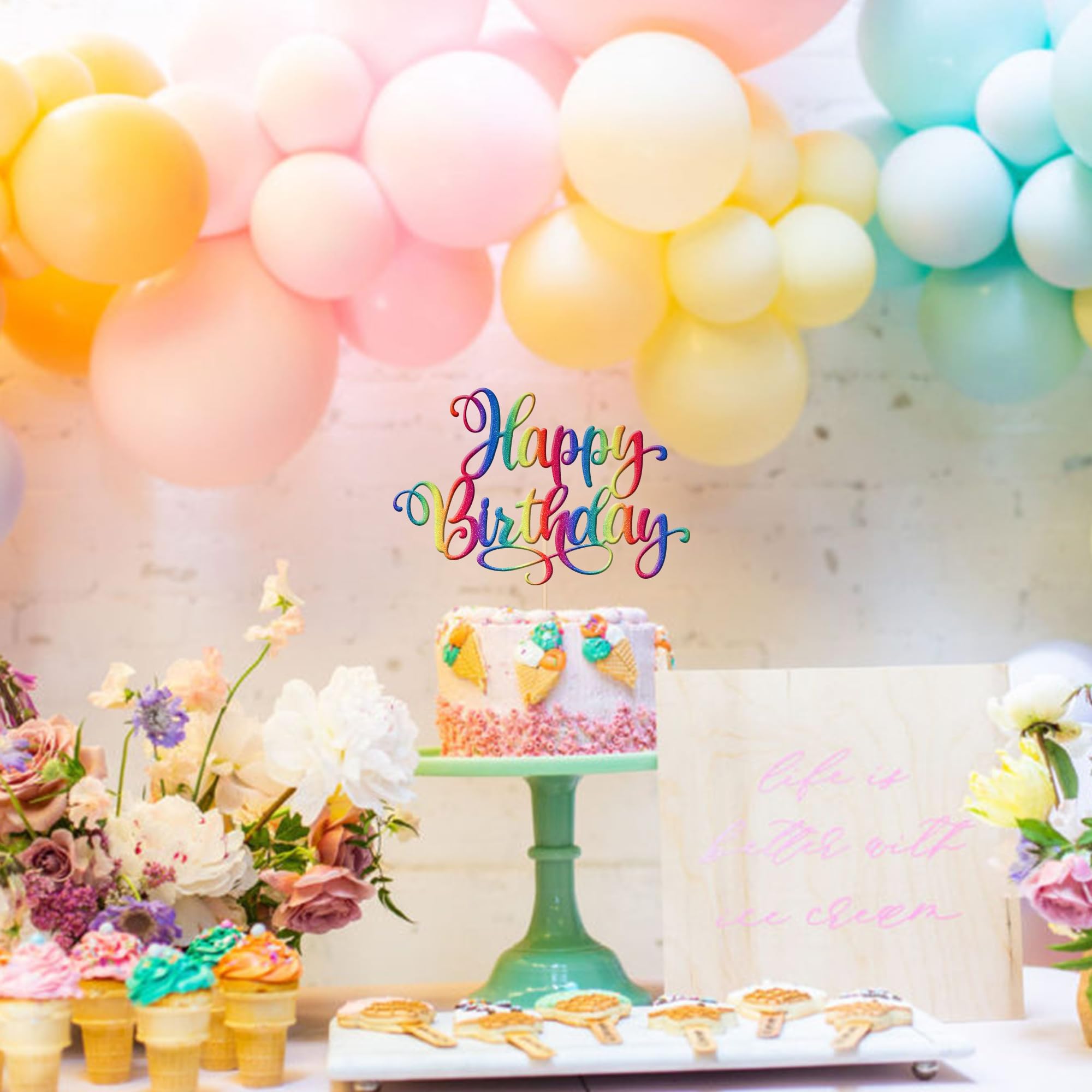 ZHUOWEISM 1-pc Glitter Happy Birthday Cake Topper – Colorful Party Decor