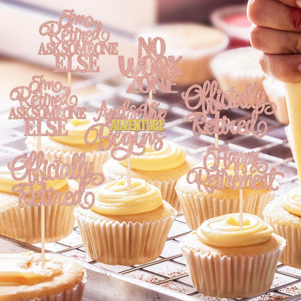 ZHUOWEISM 30 Pcs Happy Retirement Cupcake Toppers – Rose Gold & No Work Zone Adventure Begins