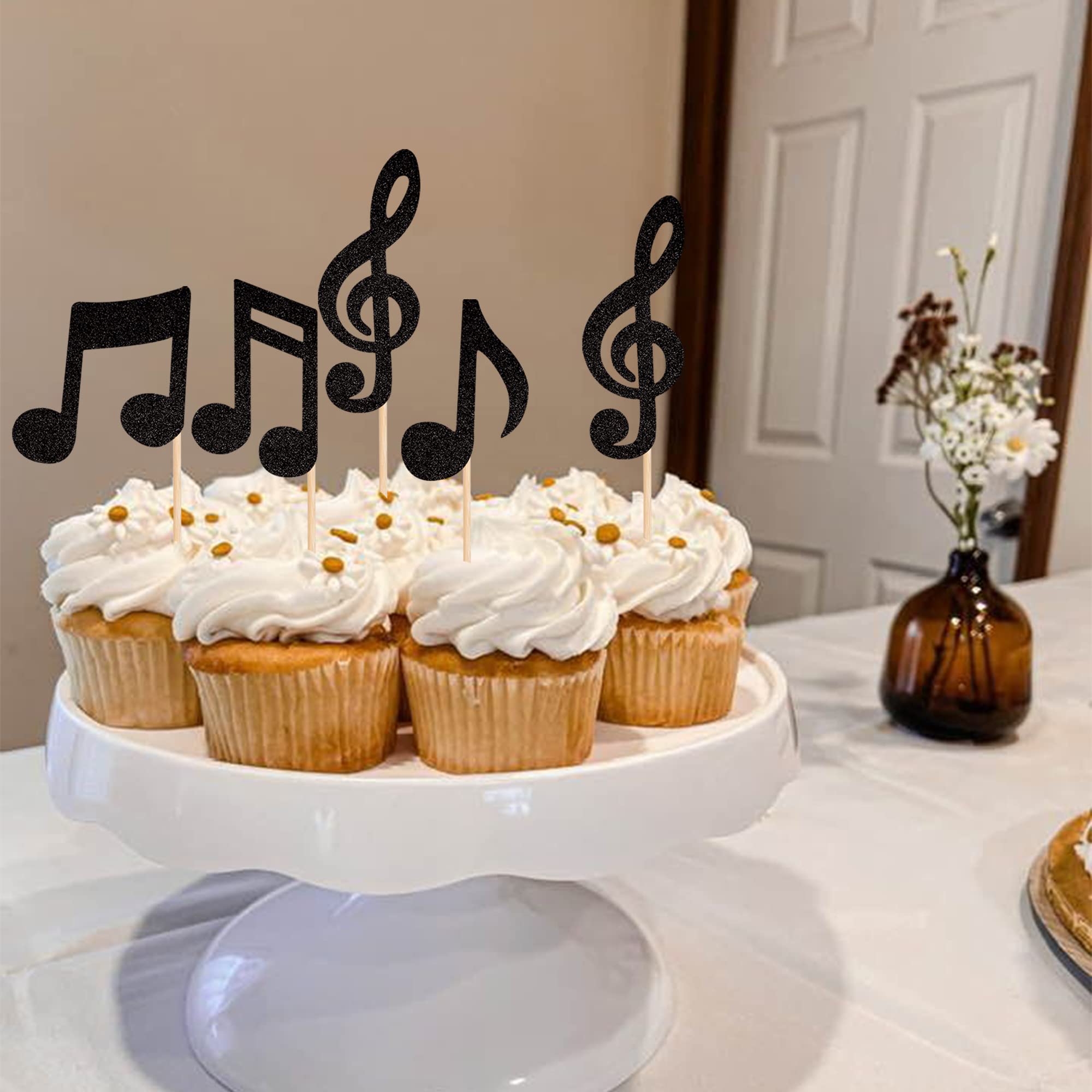 ZHUOWEISM 24-Pack Music Notes Cupcake Toppers – Black Glitter Party Picks