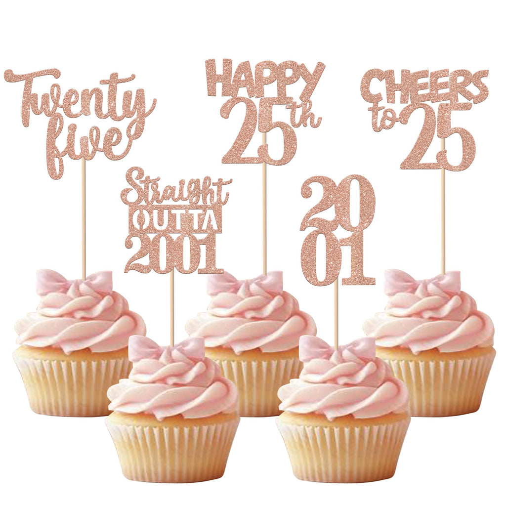 ZHUOWEISM 30Pcs Rose Gold 25th Birthday Cupcake Toppers Glitter – Straight Outta 2001