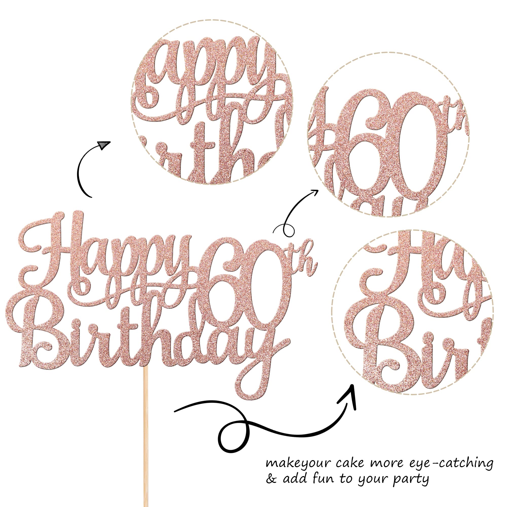 ZHUOWEISM 1 PC Happy 60th Birthday Cake Topper - Glitter Rose Gold