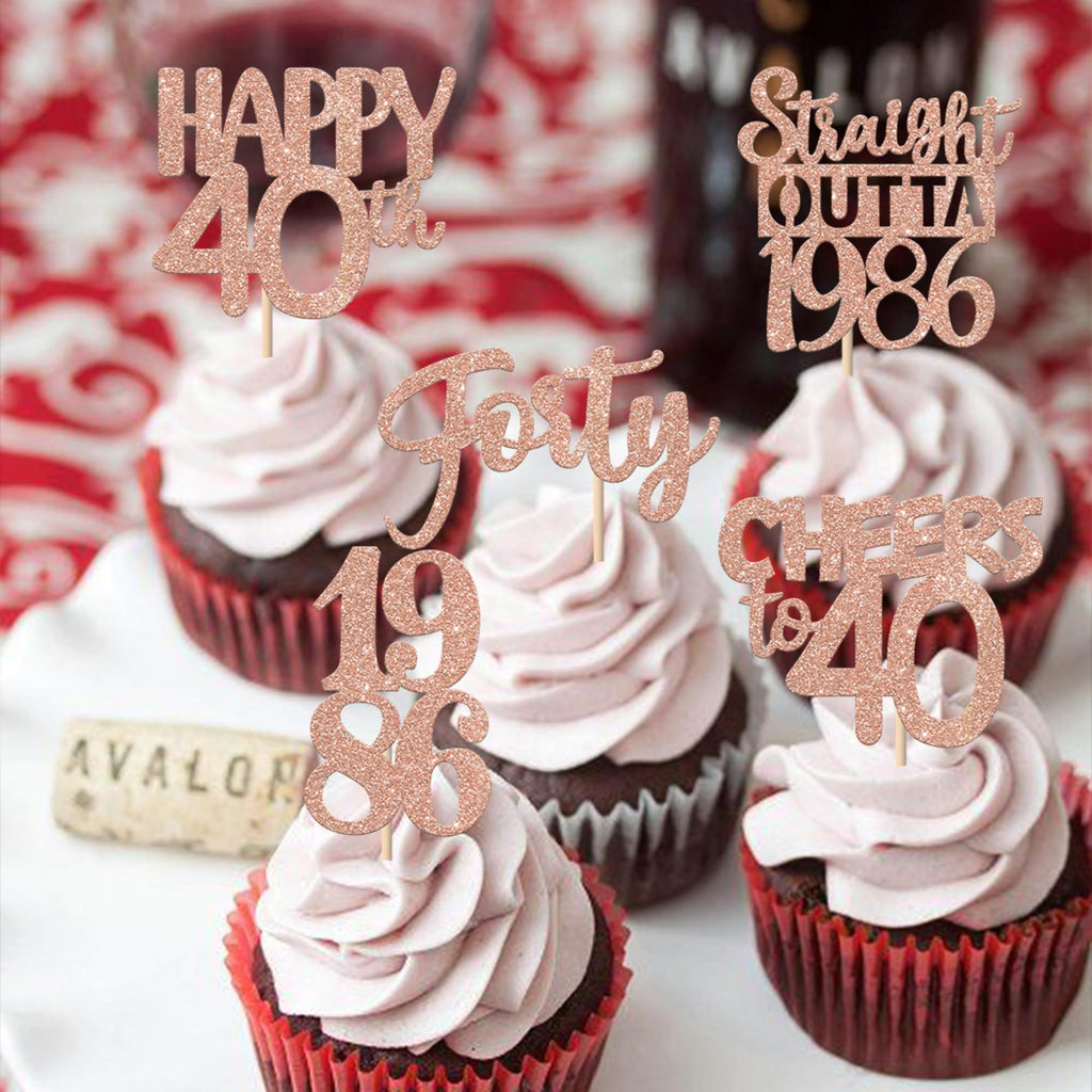 ZHUOWEISM 30Pcs Glitter 40th Birthday Cupcake Toppers — Straight Outta 1986, Rose Gold