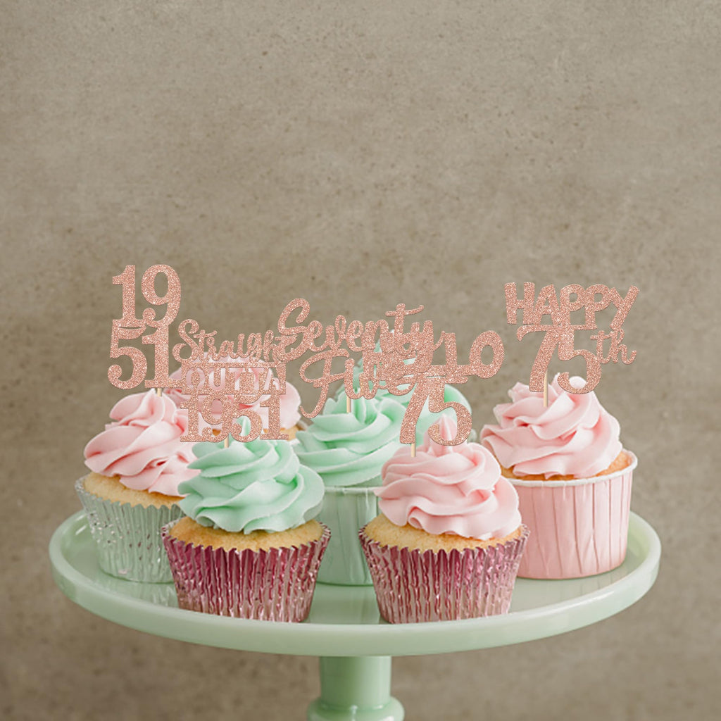 ZHUOWEISM 30Pcs 75th Birthday Cupcake Toppers Glitter Seventy Five - Straight Outta 1951 Rose Gold