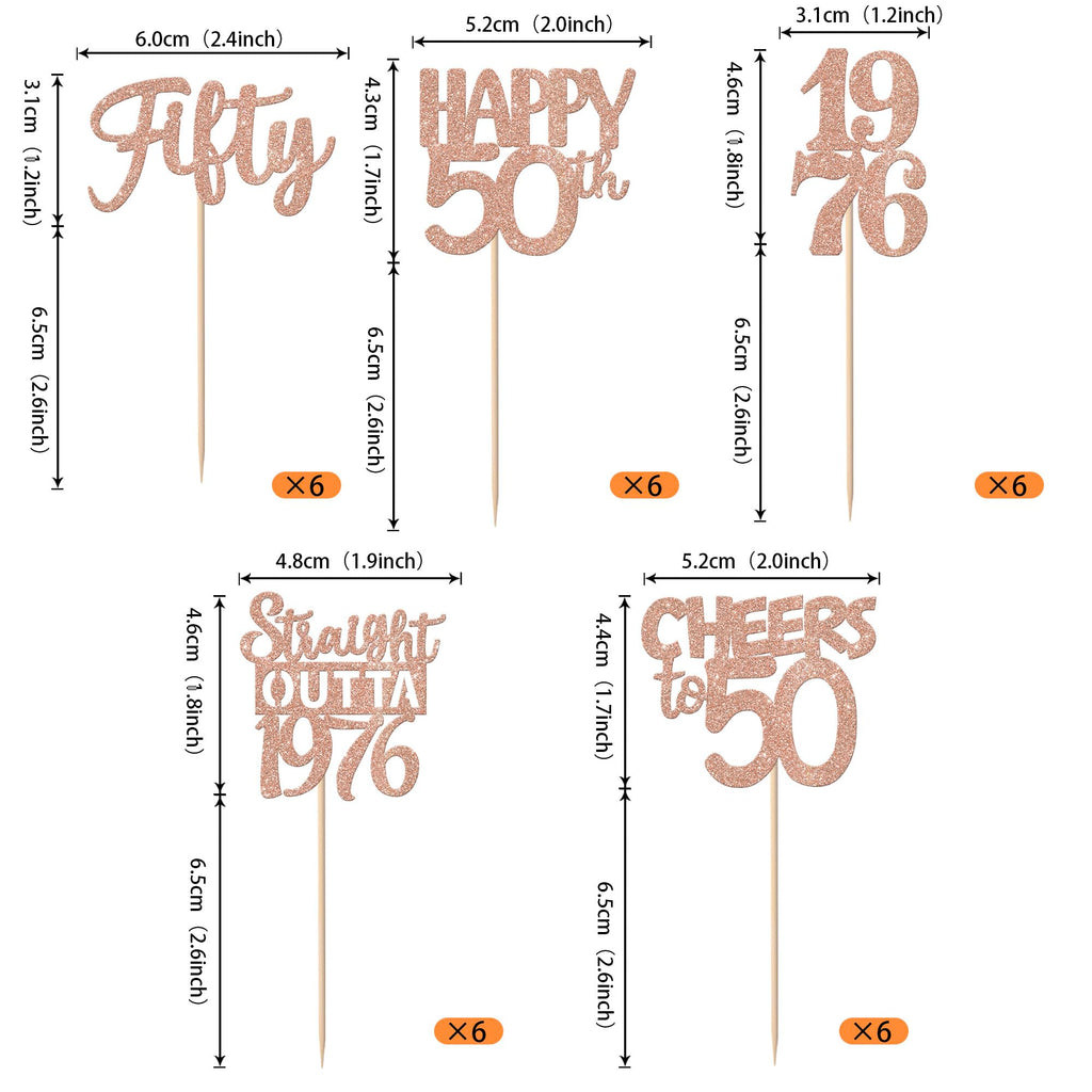ZHUOWEISM 30Pcs 50th Birthday Cupcake Toppers – Glitter Straight Outta 1976, Rose Gold